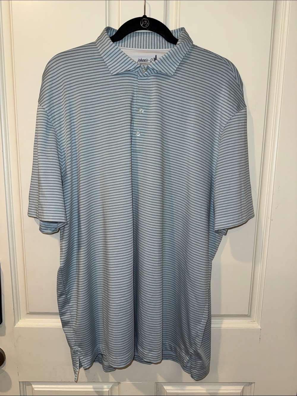 johnnie-O Light Blue Polo with Navy Pinstripes